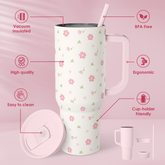 Floral 40oz Tumbler with Handle and Straw - Flowers Insulated Stainless Steel Travel Coffee Mug for Women Girls - Gift Idea for Birthday Christmas Mothers Day